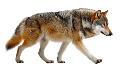 Fototapeta premium Lone Wolf's Journey: A solitary wolf gracefully traverses its domain, embodying strength and resilience, while exploring wilderness with a determined stride.