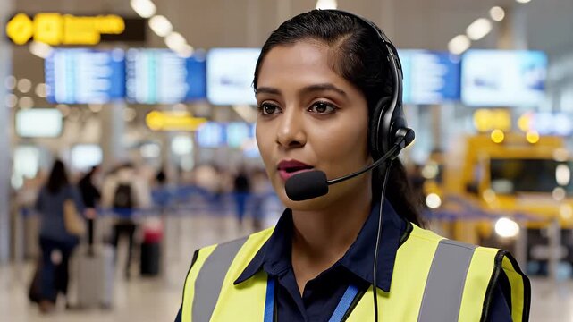 Professional Airport Ground Staff Woman Communicating via Headset.