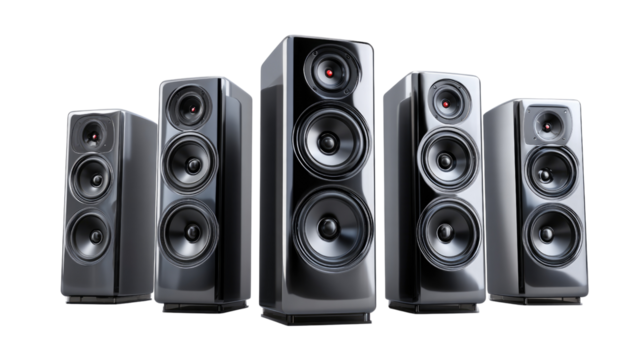 Harmonious Sound: A group of sleek, modern speakers stands in perfect synchronization, each crafted with precision and poise to deliver a symphony of sonic excellence.