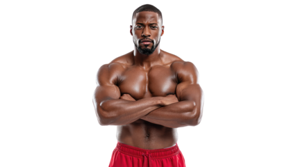 Focused Intensity: A muscular and confident individual, embodying strength and determination, stands with arms crossed, exuding an aura of focused intensity.