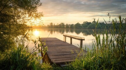 Fototapeta premium Serene lakeside sunset with wooden pier extending onto calm water, sun reflecting off surface,