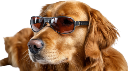 Cool Canine's Attitude: A handsome golden retriever exudes an air of effortless coolness, sporting a pair of stylish sunglasses that add a touch of playful charm.