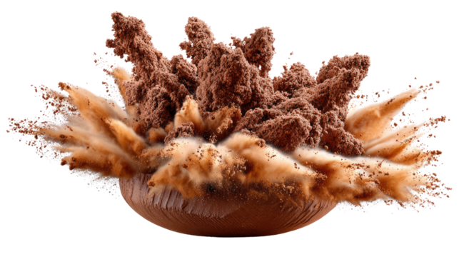 Explosive Delight: A dynamic shot showcasing an explosion of delicious cocoa powder erupting from a bowl, creating a mesmerizing display of texture and flavor.