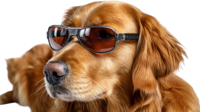 Cool Canine's Attitude: A handsome golden retriever exudes an air of effortless coolness, sporting a pair of stylish sunglasses that add a touch of playful charm.