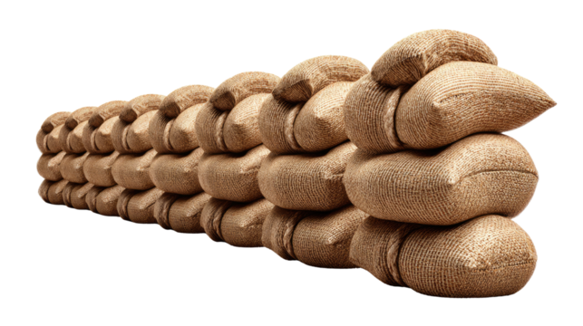 Sandbags for Security: An orderly line of sandbags forms a sturdy barrier, emphasizing protection and preparedness.