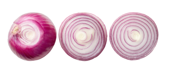 Three red onion slices isolated on transparent background