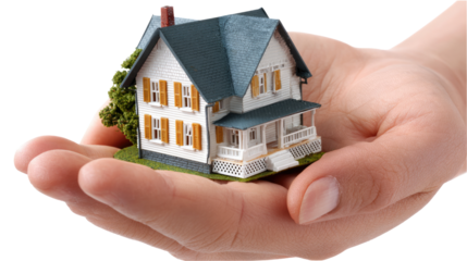 Miniature Home in Hand: A detailed miniature home is cradled gently in an open hand, evoking a sense of care, security, and the dream of homeownership.