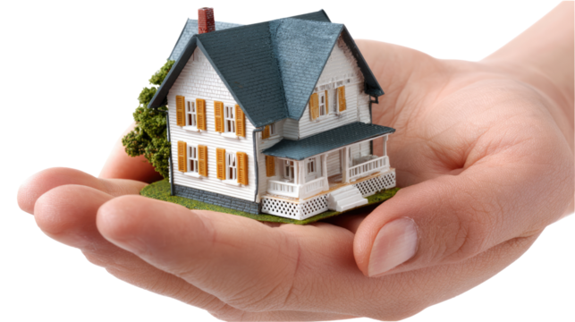 Miniature Home in Hand: A detailed miniature home is cradled gently in an open hand, evoking a sense of care, security, and the dream of homeownership.