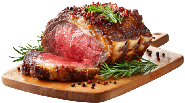 Gourmet Roasted Beef: A mouthwatering close-up of a perfectly roasted beef, its rich, red interior exposed, and adorned with aromatic herbs and peppercorns. Displayed on a rustic wooden cutting board