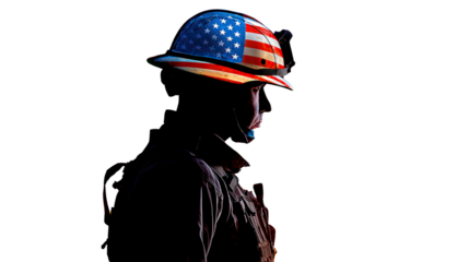 American Patriot's Silhouette: A determined individual, adorned with an American flag-decorated helmet, stands in silhouette, embodying patriotism and resilience.