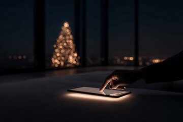 man using a tablet to control home lighting near a christmas tree, showcasing modern lifestyle and technology integration in a cinematic shot