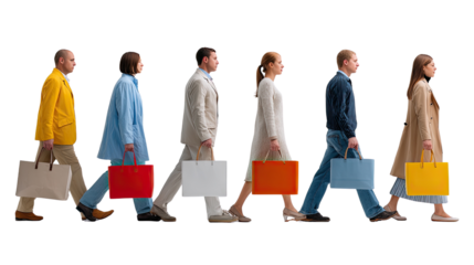 Colorful Shopping Spree: A line of individuals, each carrying a shopping bag in hand, stroll together, showcasing the vibrant spectrum of fashion and the allure of consumerism.