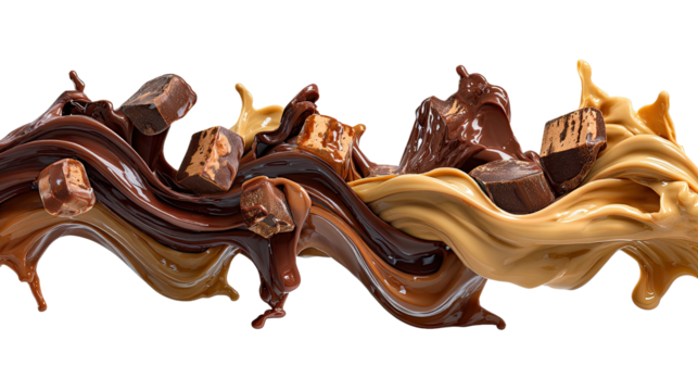 Chocolate Fantasy: Indulge in a dynamic display of chocolate swirls, capturing the rich essence of various chocolates like dark, milk, and caramel, complemented by pieces of delightful candies.