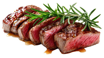 Delectable Sliced Steak: Savor the succulence of perfectly sliced steak, artfully presented with fresh rosemary, a culinary masterpiece ready to tantalize.