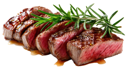 Delectable Sliced Steak: Savor the succulence of perfectly sliced steak, artfully presented with fresh rosemary, a culinary masterpiece ready to tantalize.