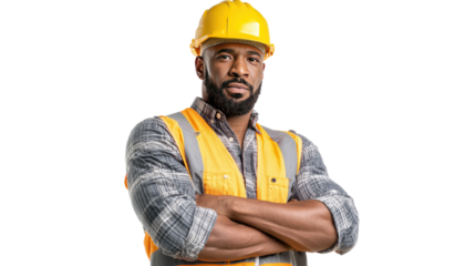 Construction Worker Portrait: A determined construction worker stands confidently with arms crossed, wearing a hard hat and safety vest, ready to build and create.