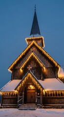 Fototapeta premium Historic Wooden Church Adorned with Festive Lights in a Snowy Winter Landscape at Dusk.