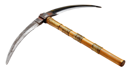 Steel Harvesting Tool: An old, steel harvesting tool gleams with a rustic charm. Its sturdy wooden handle, adorned with intricate woven detailing.