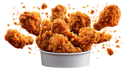 Crispy Fried Chicken Explosion: A dynamic image showcases an assortment of golden-brown fried chicken pieces dramatically emerging from a container.