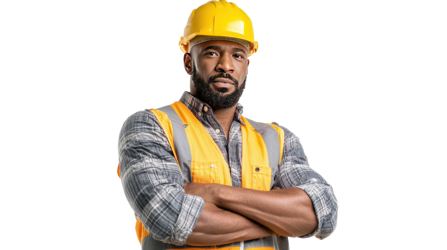 Construction Worker Portrait: A determined construction worker stands confidently with arms crossed, wearing a hard hat and safety vest, ready to build and create.