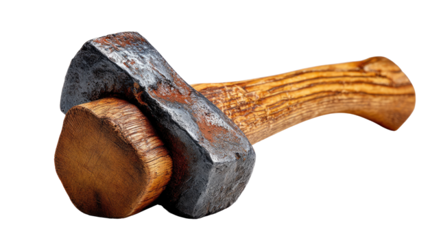 Hammer and Wooden Block: A weathered hammer rests atop a solid wooden block, symbolizing strength, precision, and the essence of craftsmanship.