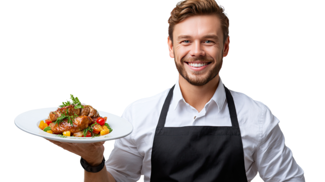 Smiling Server: A gracious server in a crisp white shirt and black apron offers a delectable plate, embodying hospitality and culinary excellence.