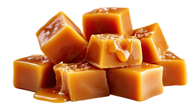 Golden Caramel Delights: A close-up shot captures an inviting arrangement of rich, golden-brown caramel cubes, their glossy surfaces glistening and inviting, creating a sense of pure indulgence.