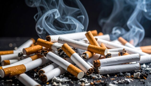 A close-up image of discarded cigarettes with smoke rising, highlighting the impact of smoking and waste.