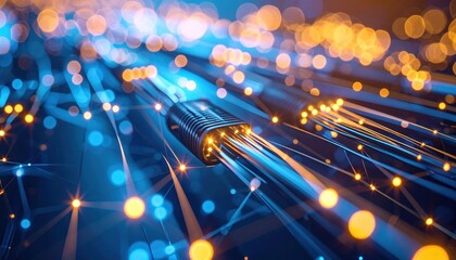 An abstract representation of illuminated fiber optic cables, showcasing vibrant blue tones and glowing lights, symbolizing advanced technology and connectivity.