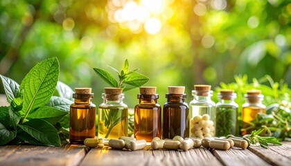 A collection of herbal oils and supplements displayed with green leaves, set against a bright, natural background.