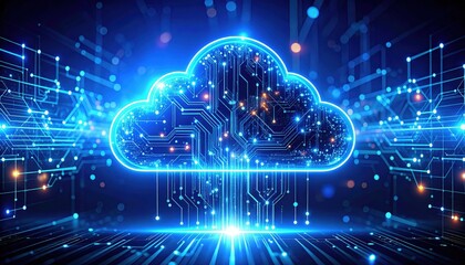 A futuristic cloud symbol with glowing circuits, representing digital technology and data storage in a vibrant blue color scheme.
