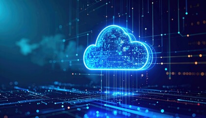A digital representation of a cloud symbol with data streams, signifying cloud computing and technology in a futuristic setting.
