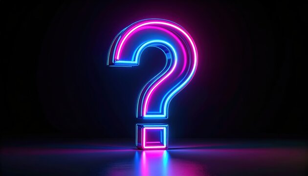 A glowing neon question mark against a dark background, symbolizing inquiry and curiosity.