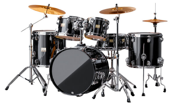 Drum Kit Set: A detailed view of a drum kit, meticulously arranged and ready to be played. Its components gleam under studio lights, an ode to rhythm and music. - Powered by Adobe