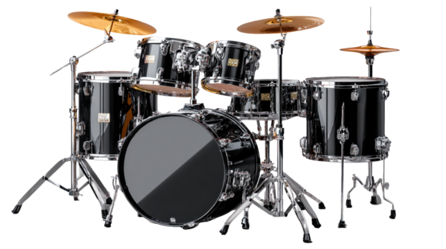 Drum Kit Set: A detailed view of a drum kit, meticulously arranged and ready to be played. Its components gleam under studio lights, an ode to rhythm and music.