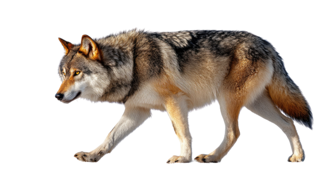 Majestic Wolf in Action: The image showcases a powerful gray wolf, its gaze fixed ahead as it strides with purpose and determination, embodying the raw essence of the wild. 