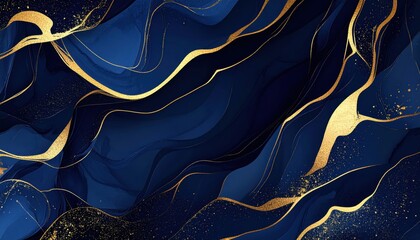 An abstract design featuring flowing dark blue waves with golden accents, creating an elegant and luxurious visual effect.