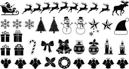 Christmas icon set, black and white holiday symbols, festive decorations, Santa sleigh, snowflakes, gifts, angels, trees, ornaments, celebration