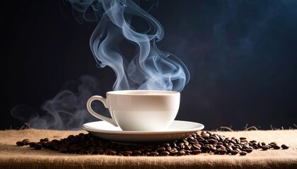 A steaming cup of coffee sits atop a bed of coffee beans, creating a cozy and inviting atmosphere.