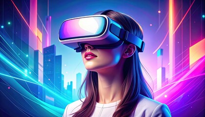 A futuristic scene featuring a woman wearing virtual reality goggles, immersed in a vibrant urban environment with neon lights and digital elements.