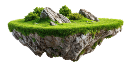 Floating Isle of Serenity: An ethereal island floats serenely against the sky, a verdant sanctuary of lush green grass and weathered rock.