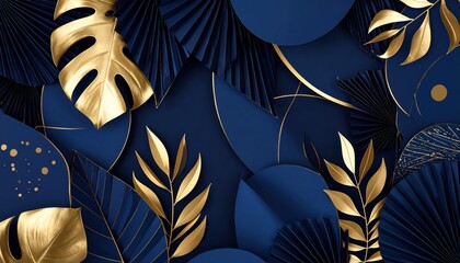 A stylish arrangement of gold and green leaves set against a deep blue background, creating an elegant and modern design.