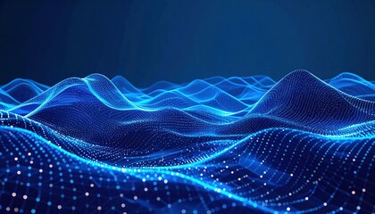 A mesmerizing digital landscape featuring flowing waves of blue light and dots, creating a sense of depth and movement.