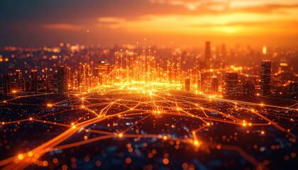 A vibrant city skyline at sunset, illuminated by interconnected lines of light, showcasing a futuristic urban landscape.