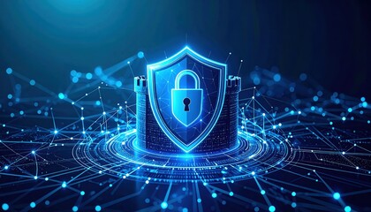 A digital shield symbolizing cybersecurity, surrounded by a network of connected data points, representing protection and security in the digital realm.
