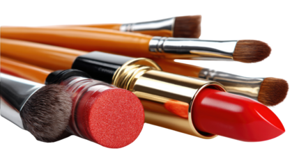 Cosmetic Artistry: An array of makeup brushes, and a vibrant red lipstick create an inviting scene of beauty, style, and self-care.