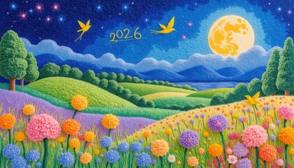 Whimsical 2026 landscape with rolling hills and colorful flowers under moonlit sky