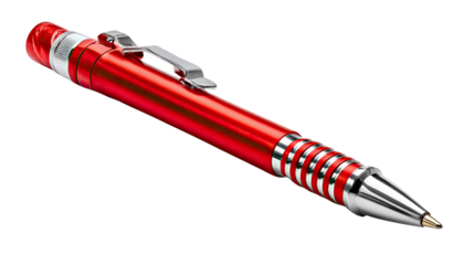 Crimson Pen of Precision: A sleek, red pen rests poised, its metallic accents gleaming with sophistication, ready to capture thoughts. 