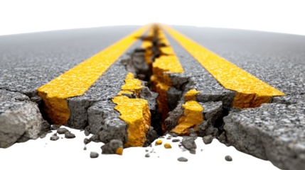Road Damage: A cracked asphalt road with vibrant yellow lines, highlighting the disruption and deterioration of infrastructure.