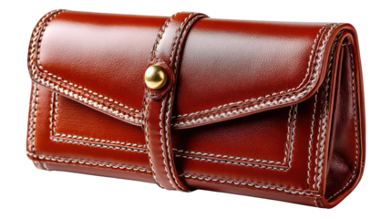 Leather Goods Elegance: An eye-level shot captures a luxurious, finely crafted leather pouch or case. The rich brown material, intricate stitching.